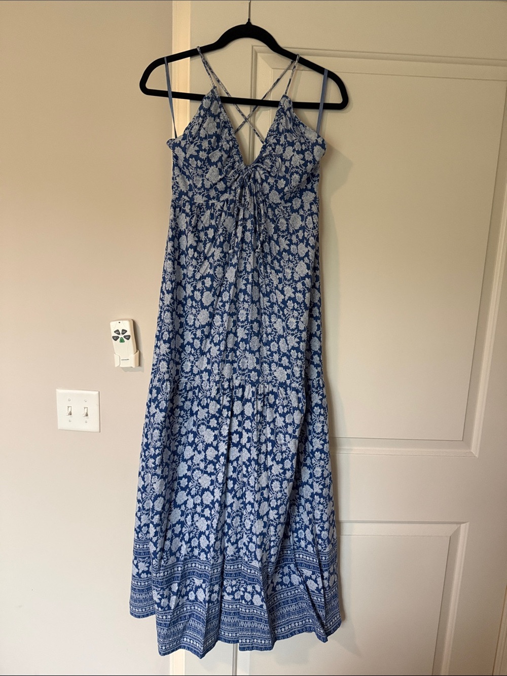 Blue Floral Maxi Dress with Crisscross Straps